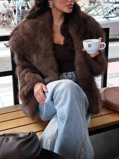 HH2025, Vintage Frauen Abgeschnitten Faux Pelz Jacke Lange Hülse Drehen-unten Kragen Weibliche Plüsch Wolle Mäntel Chic Dame pelz Oberbekleidung