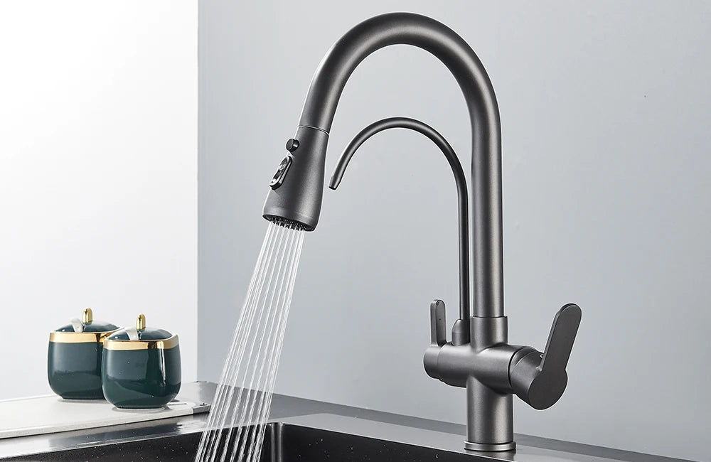 Quyanre Matte Black Filtered Crane For Kitchen Pull Out Spray 360 Rotation Water Filter Tap Three Ways Sink Mixer Kitchen Faucet