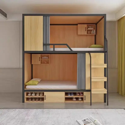 Obere und untere Etagenbetten, Schulwohnheim, Apartmentbett, Jugend, Hostel, Raumkapsel, All-Inclusive-Bett, Stahl, Holz, kombiniert, Mutter