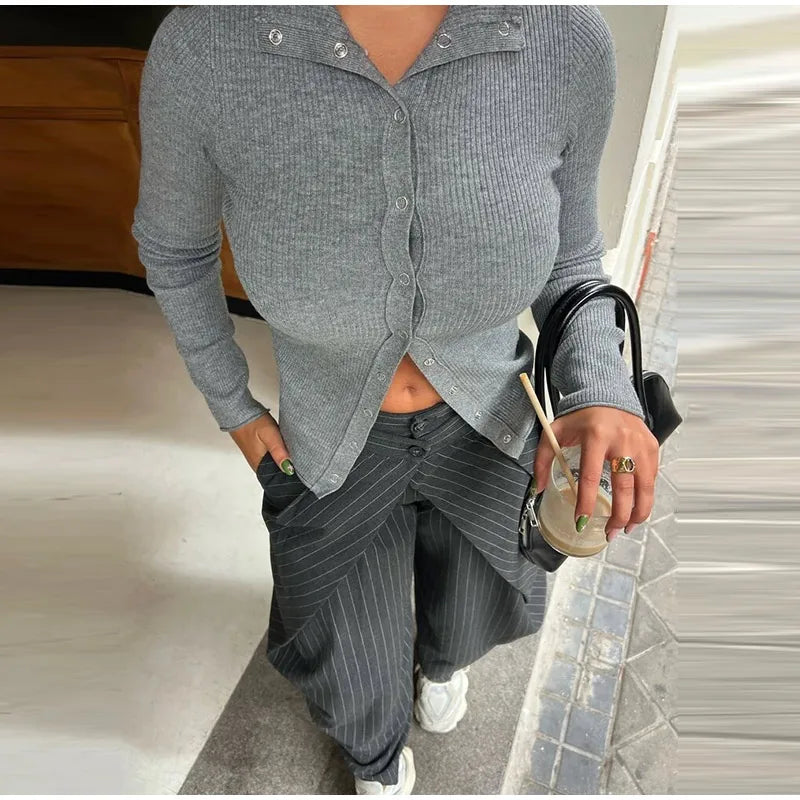 Chic Zwei Tasten Gestreiften Gefaltete Hosen Frauen Lose Taschen Breite Bein Hosen Weibliche 2026 Frühling Dame Pendeln Alle-spiel hose Neue