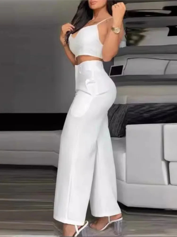 Summer Sexy 2 Piece Set Women V-Neck Strap Shirred Slim Crop Top & Lace-up Wide Leg Pants Sets Elegant Holiday Lady Suit.