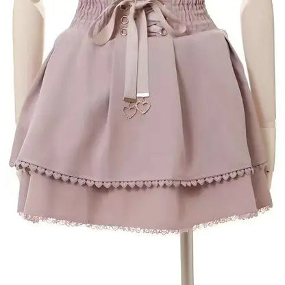 Jirai Kei Sweet Lolita Skort 2024 Summer - Double Bowknot High Waist Short Skirt with Leather Buckle Slim Fit Adjustable Waist