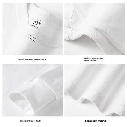 Spring Autumn 300g Heavy-duty Pure Cotton Long Sleeved  T-shirt FLoose White Top Thick Base Layer Underneath for Men and Women.