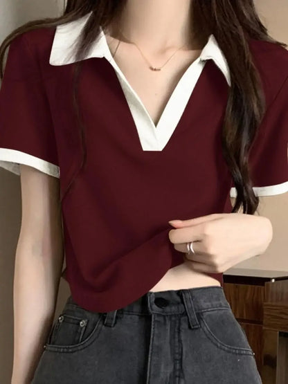 Slim Fit Short Sleeve V-Neck POLO Shirt T-Shirt Korean Design Summer Fashionable Top Half Sleeve Summer Wear Women's Fashion.