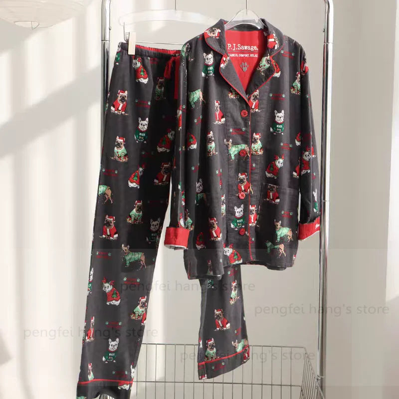2025 Autumn Winter Homewear Women Pajamas Suit Christmas Party Cartoon Pjs Loungewear Lady Sleepweawr Cotton Nightwear Outfit.