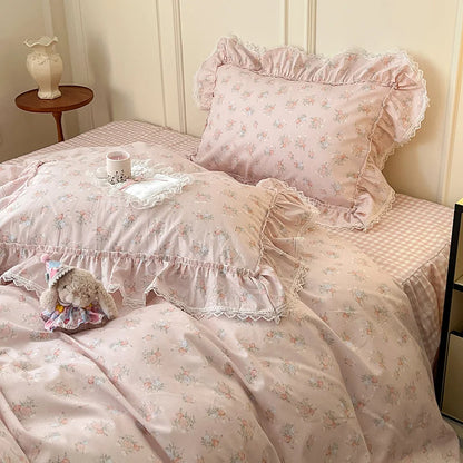 Korean Princess Style Ruffles Flower Print Bedding Set Duvet Cover Set Bed Skirt Bedspread Pillowcases 100% Cotton Home Textile.