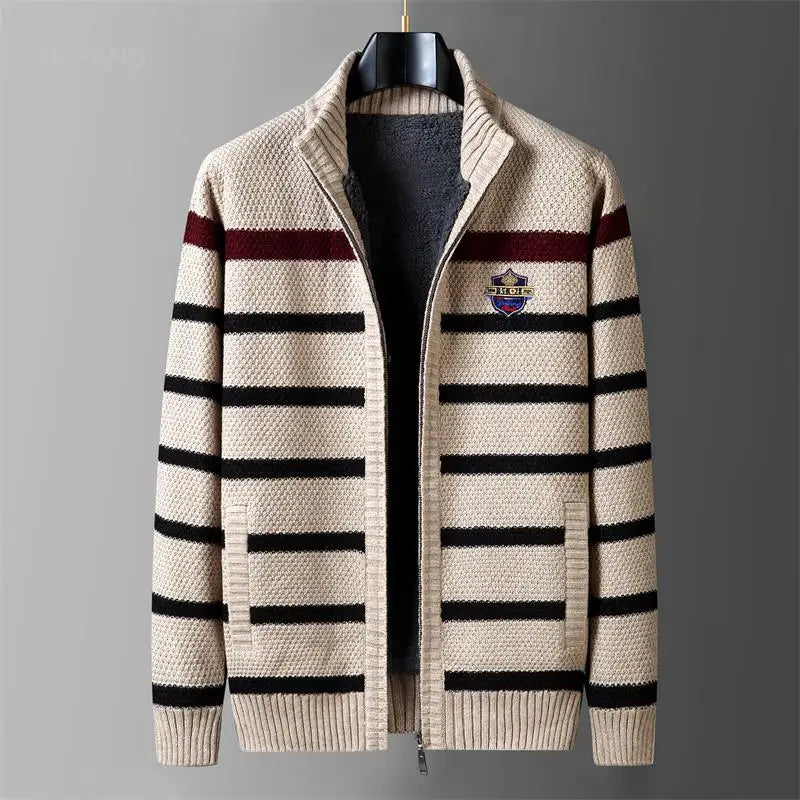 Winter Wool Liner Sweater  Cardigan Man Knit Striped Stand Collar Jacket Outwear Knitted Sweatercoat Men Vintage Clothing.