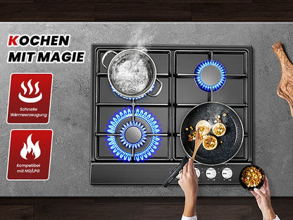 4 Burners Black Enamelled Plate 58 cm Automatic Flame Protection, Natural Gas and Propane Gas, Built-in Gas Hob.