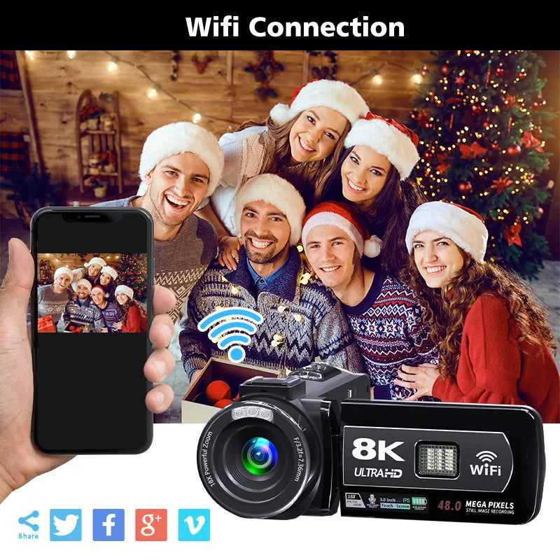 8K HD Video Camera 3 Inch LCD Touch Screen 18x Digital Zoom Camera Recorder Ultra HD WIFI Portable Recording Camcorder.