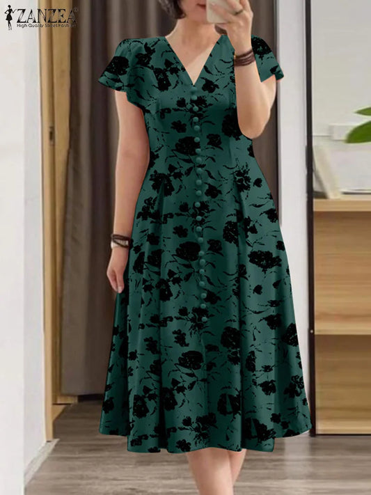 ZANZEA Damen-Sommerkleider, Rüschenärmel, V-Ausschnitt, Cinch-Taille, Damen, elegant, Blumendruck, Party, Pendeln, A-Linie, Midi-Sommerkleid