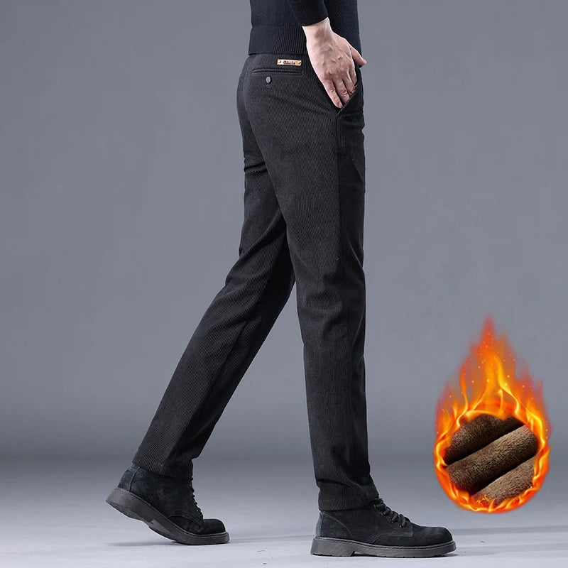 Khaki Black Gray Fleece Men's Corduroy Casual Pants Chenille Thick Stretch Business Trousers Mid-rise Brand Winter Thermal Pants.
