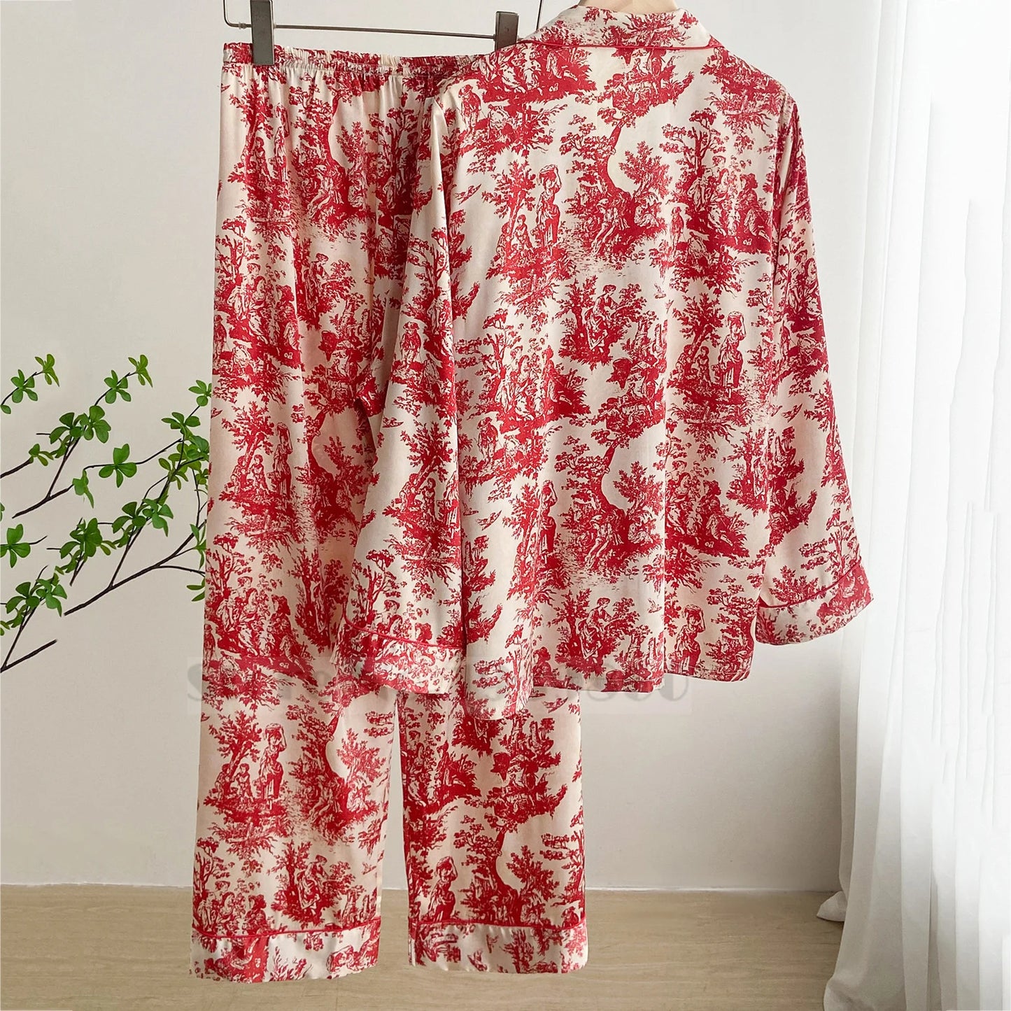 Mode Druck Blume 2PCS Pyjamas Set Frauen Nachtwäsche Frühling Sommer Hosen Anzüge Lounge Tragen Lose Satin Homewear Pijamas Anzug.