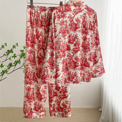 Mode Druck Blume 2PCS Pyjamas Set Frauen Nachtwäsche Frühling Sommer Hosen Anzüge Lounge Tragen Lose Satin Homewear Pijamas Anzug.
