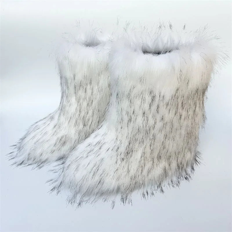Y2K Fluffy Mid-calf Boots Winter Women Fashion Snow Boots Warm Cotton Shoes.