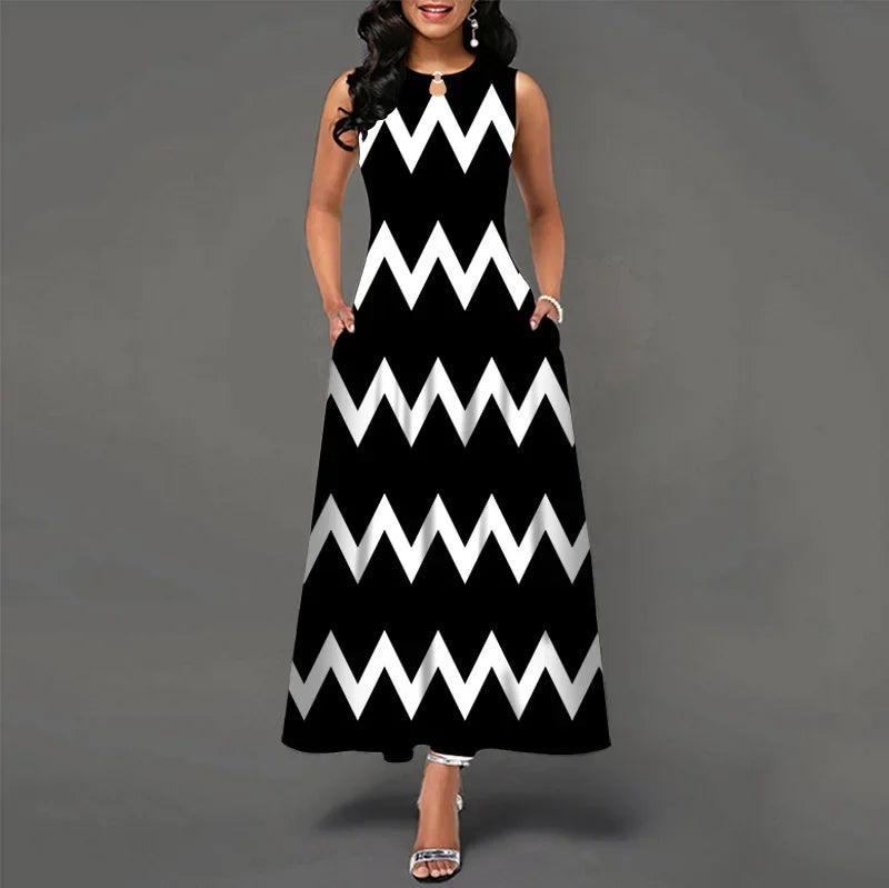 Blumendruck Neues lässiges ärmelloses langes Kleid Damen V-Ausschnitt bedrucktes Kleid Swing Bohemian Retro Kleider