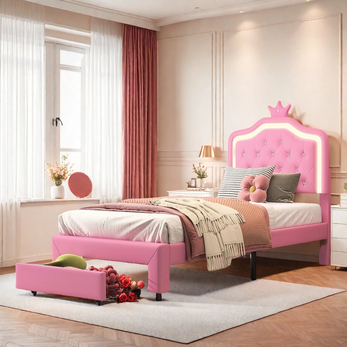 Rosahqnda Kinderbett, gepolsterter Bettrahmen, Krone, Kopfteil, Schubladenschrank, verstellbare Kopfteil-Lederoberfläche
