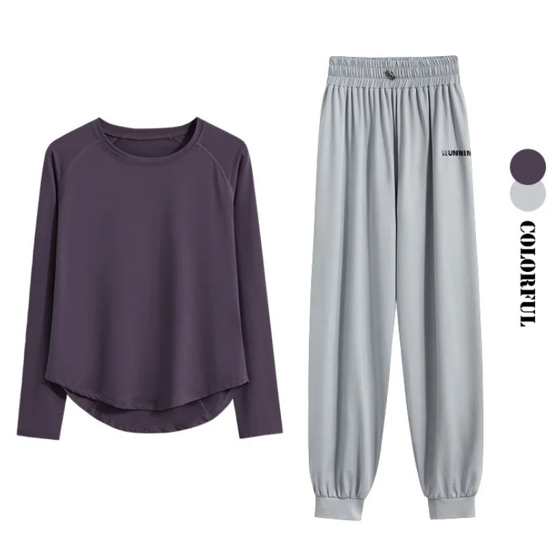 DRUR 2pcs Running Set Women Tracksuit Lightweight Loose Long Sleeve Sport Shirt Pants Sets 2 Piece Sportswear Outfit Gym Clothes