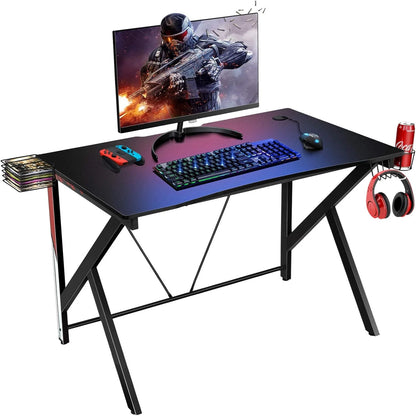 Spieltisch k-förmiger Computer tisch PC-Tisch Schreibtisch mit Getränke halter, Kopfhörer haken und Video regal 115x73 cm