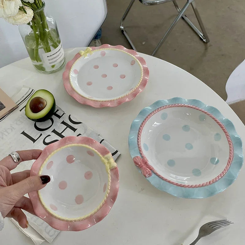 Cartoon Pink Ceramic Dinner Plate with Bow Knot, Household Dish, High Temperature Resistant, Deep Dish, Kitchen Tableware Set.