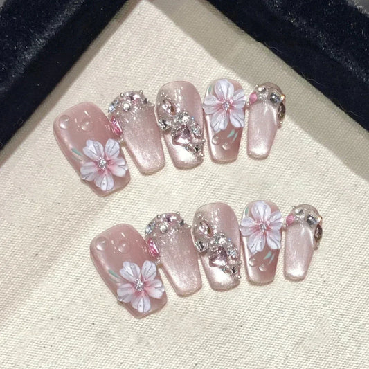 10Pcs Sweet Cute Handmade Press on Nails Flower Butterfly Fake Nails Glossy Diamond False Nails Full Cover Acrylic Nail Tips Art.