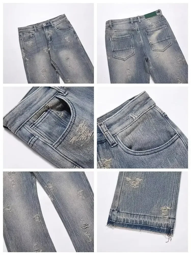 Loose Men's Straight Leg Jeans Casual High Street American Style Torn Frayed Hem Wide Leg Pants Trendy Casual Denim Trousers.