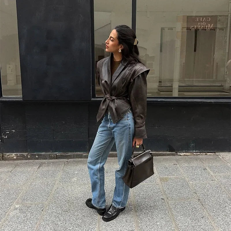 Vintage V-neck Belt Faux Leather Jackets Women Chic Full Sleeve Lace Up High Waist Lapel Overcoat Autumn Female Street Outerwear.