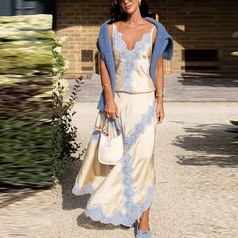 Elegant Sleeveless V Neck Vest High Waist A Line Skirt Fashion Lace Patchwork Skirt Set for Women Lady 2 Pcs Outfits Streetwear.