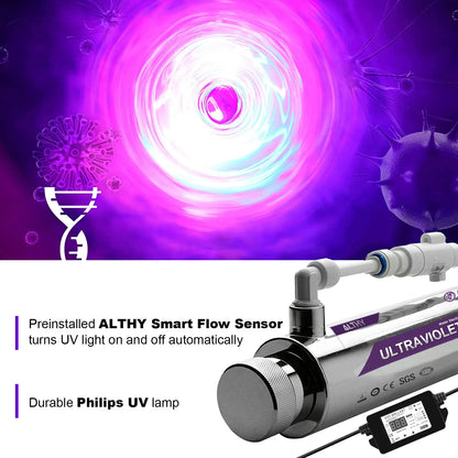 ALTHY UV Ultraviolet Water Sterilizer Purifier System Disinfection Filter Lamp + Flow Switch Control Stainless Steel 1GPM