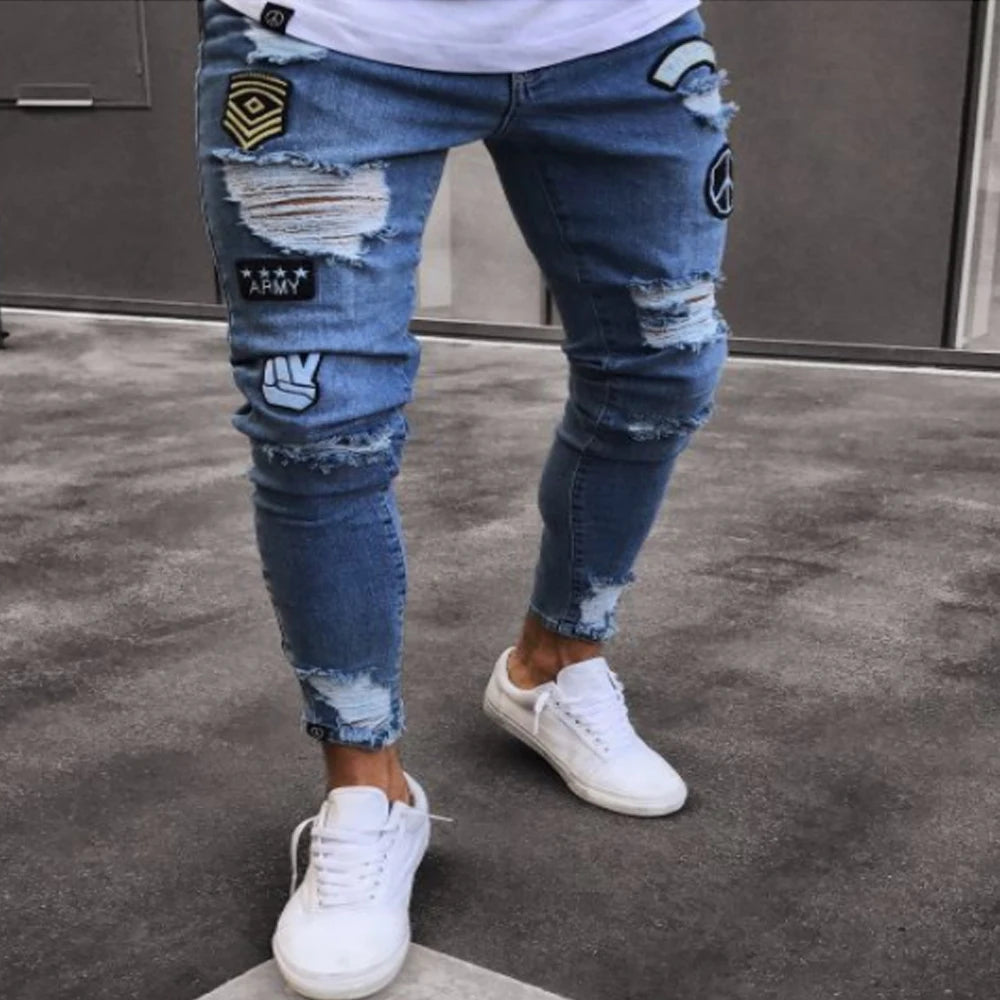 White Embroidery Skinny Ripped Jeans Men Cotton Stretchy Hole Slim Fit Hip Hop Denim Pants Casual Jeans for Men Jogging Trousers.