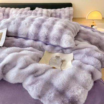 4pcs Grey Rabbit Fur Bedding Set Thick Milk Plush Winter Duvet Cover Warm Bed Sheets, Queen Size Four Piece Set  Bedroom Decor