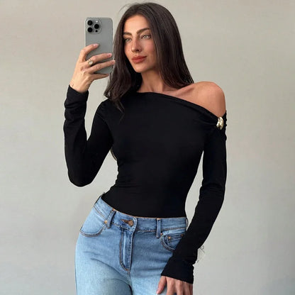 Cryptographic Autumn Casual Basic Asymmetrical Top Women Elegant Solid Long Sleeve Pullovers Black Top Y2K Slim Vintage Clothes.