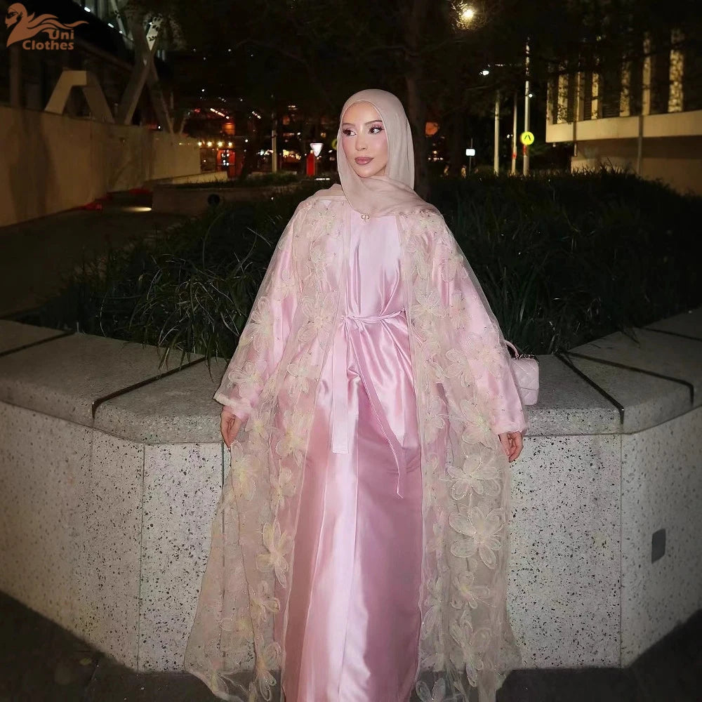 Eid Pink Embroidery Abayas for Women Muslim Dress Dubai Open Abaya Turkey Kaftan Kebaya Kimono Cardigan Islam Clothing Jalabiya.