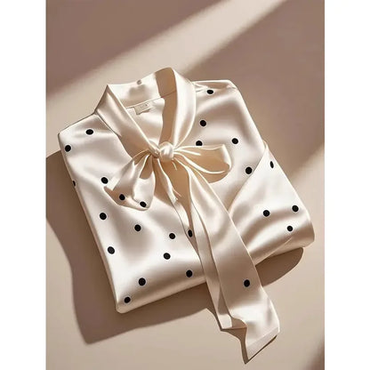 Elegant High Quality Satin Polka Dot Print Shirt Women Office Lady Business Casual Chic Blouse Lace-up Bow Long Sleeve Loose Top.