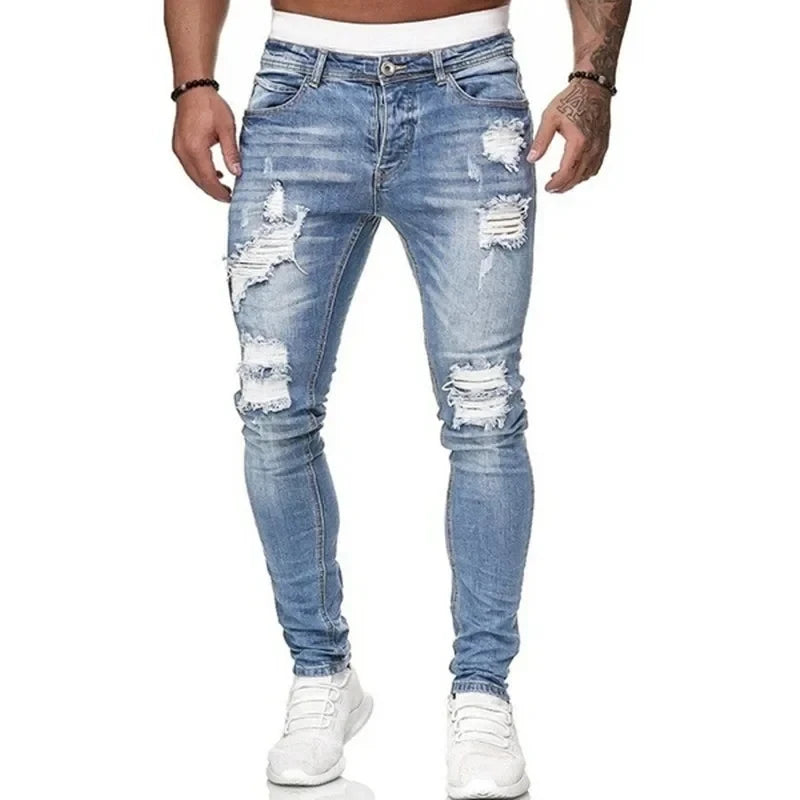 Fashion Street Style Ripped Skinny Jeans Men Vintage wash Solid Denim Trouser Mens Casual Slim fit pencil denim Pants hot sale.
