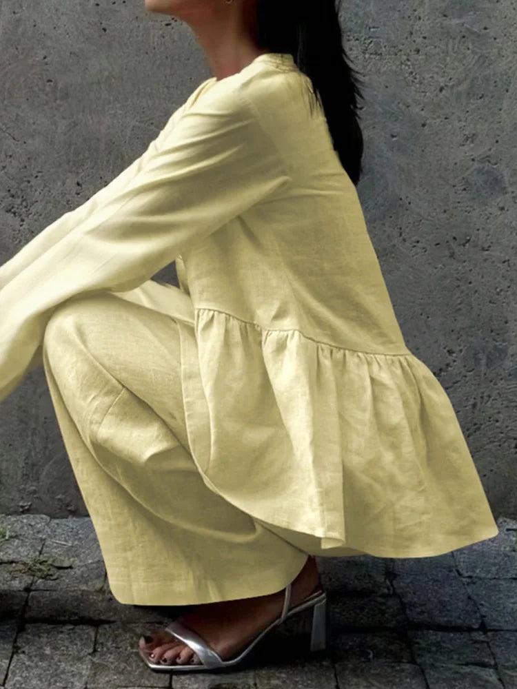 Summer Vacation Solid Color Simple Outfits Elegant V-neck Long Sleeve Tops&Wide Leg Pants Sets Fashion Loose Women's Commute Set.