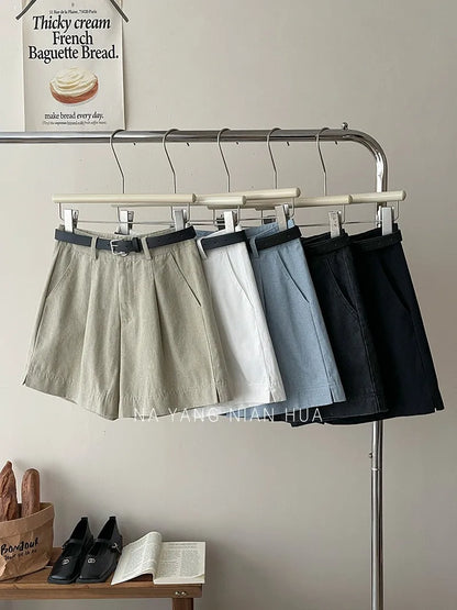 Beiyingni Korean Women High Waist Shorts With Belt Elegant Cotton Linen Casual Slim Female Shorts White Street Short Cargo Pants.