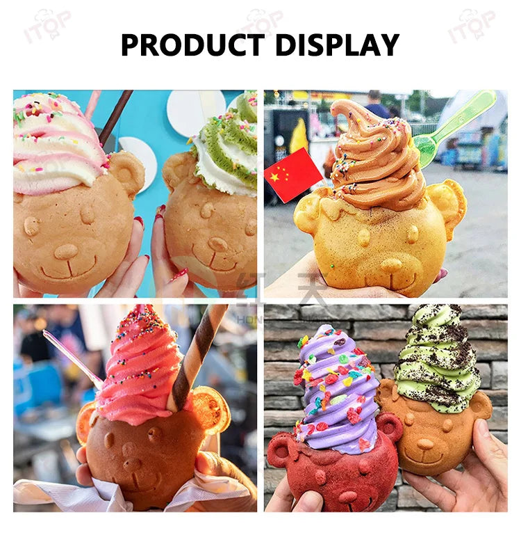 Commercial Taiyaki Bear Shaped Waffle Maker 1800W Open Mouth Bear Shape Waffle Machine Ice Cream Waffle Iron Maker.