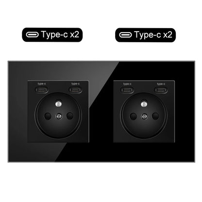 JHJCH Touch Lichtschalter Frankreich Steckdosen USB C Telefon Ladung Kristallglas 1/2/3Gang Wandschalter Doppelsteckdosen Schwarz.