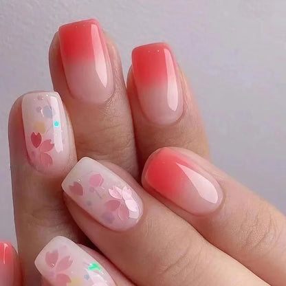 24pcs/box Glossy Short Square Fake Nails Colorful French Tip Press On Nails Flower Pattern Spring Summer False Nails For Women.