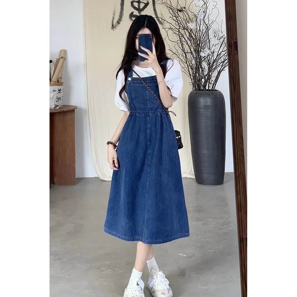 2025 Fashion Women Denim Suspender Skirt Spring Summer Causal Strap Female High Waist A-line Solid Lace-up Woman Skirt.