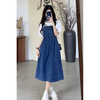 2025 Fashion Women Denim Suspender Skirt Spring Summer Causal Strap Female High Waist A-line Solid Lace-up Woman Skirt.