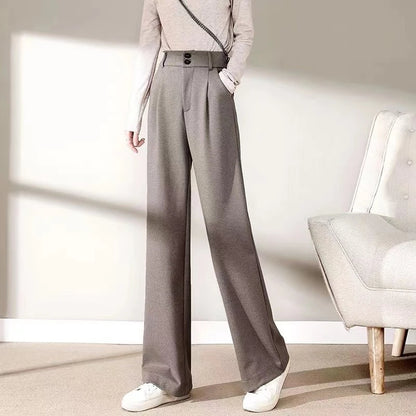 2024 Autumn Winter Women Concise Woolen Pants Lady Wide Leg Designer Outside Trousers Female Thicken High Waisted Draping Pants.
