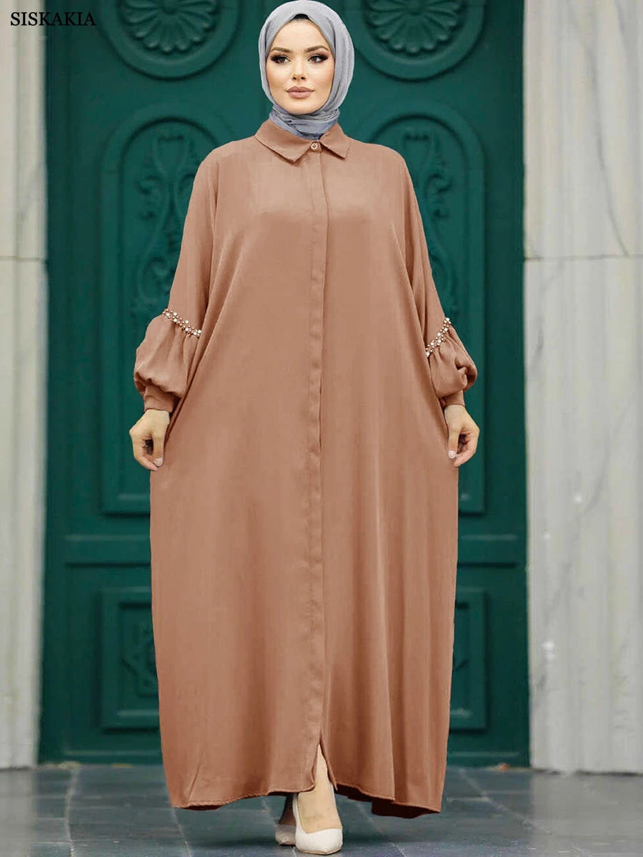 Siskakia Solid Muslim Woman Elegant Beaded Cardigan Long Dress With Loose Batwing Sleeve Moroccan Dubai Saudi Kebaya Robe  2024.