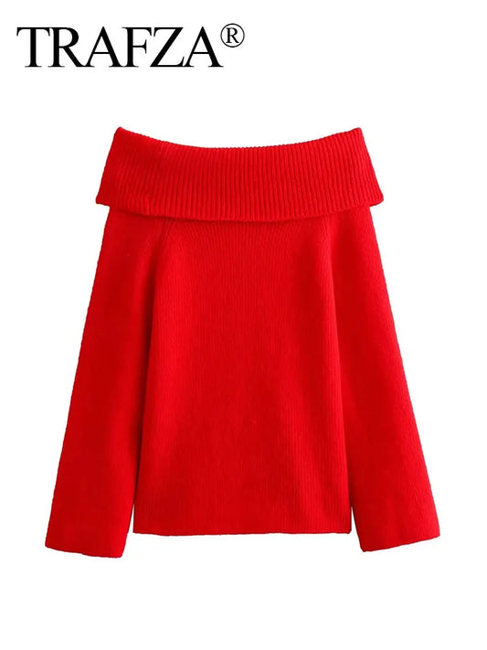 TRAFZA Frauen Fashion Solid Off Schulter Pullover Langarm Gestrickte Pullover Pullover Herbst Weibliche Casual Strickwaren Chic Top