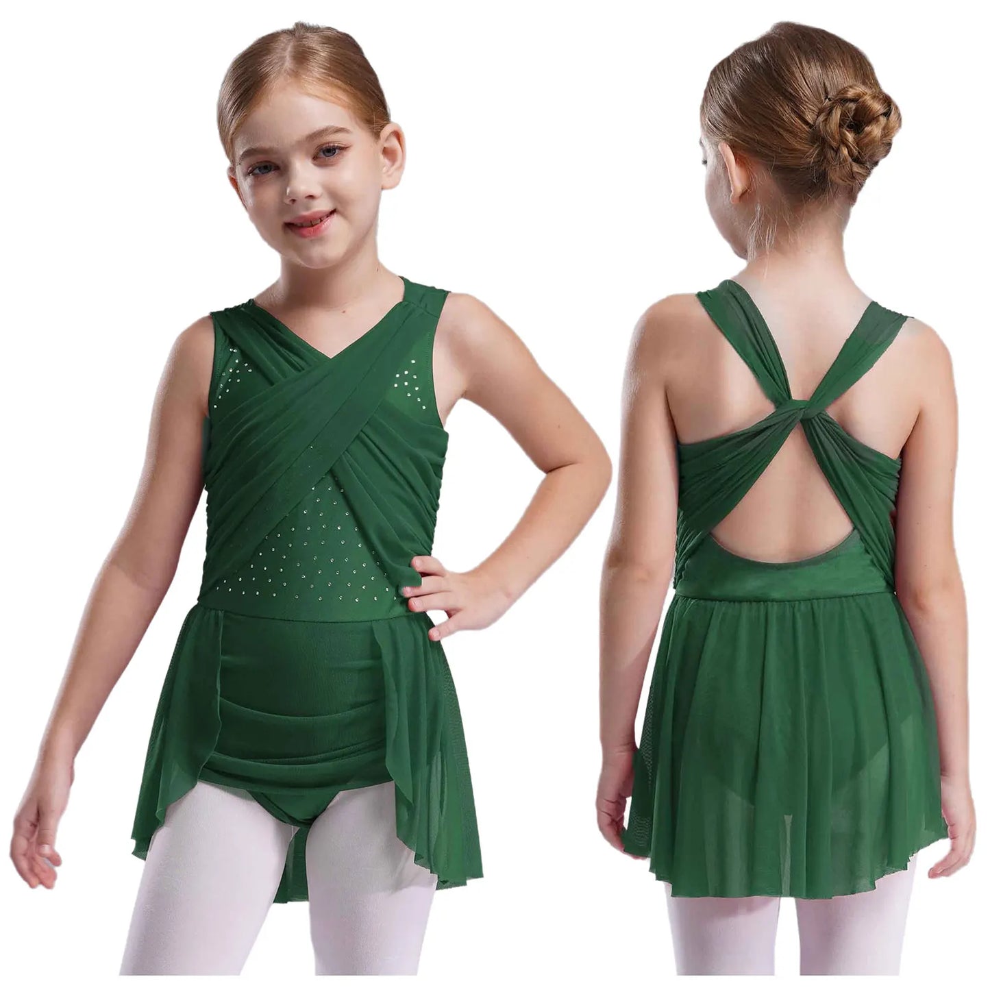 Kinder Mädchen Ärmellose Ausschnitt Strass Eiskunstlauf Trikot Kleid Lyrical Dance Gymnastik Akrobatik Leistung Kostüm