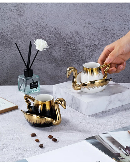 Luxury Ceramic Mug with Saucer European Retro Swan Shape Afternoon Tea Coffee Cup and Saucer Set Home Creative Drinkware Gift.