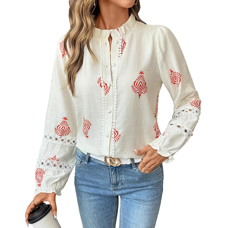Women's Printed Casual Trendy Stand Collar Single-breasted Loose Shirts European New Fashion Female Ethnic Clothes Tops Cardigan.