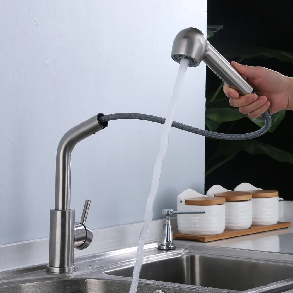 360° Rotating Retractable Sink Faucet Hot and cold Water Button Ceramic Valve Kitchen Stainless Steel Faucet with Shower