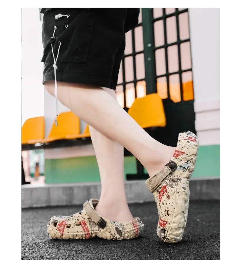 Plus Size 47 Men's Clogs 2025 Summer Sandals Beach Slippers Flat Sandals Men Leisure Slides Creative Printing Man Casual Shoes.