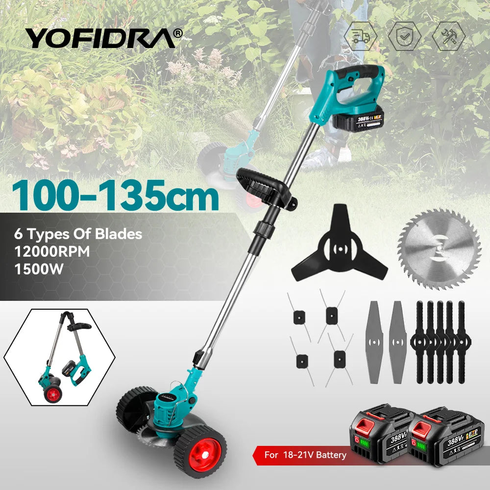 YOFIDRA 100–135 cm elektrischer Rasenmäher, 1500 W, kabellos, faltbar, Trimmer, Beschneiden, Schneiden, Garten, Elektrowerkzeug für Makita-Akku-Pin